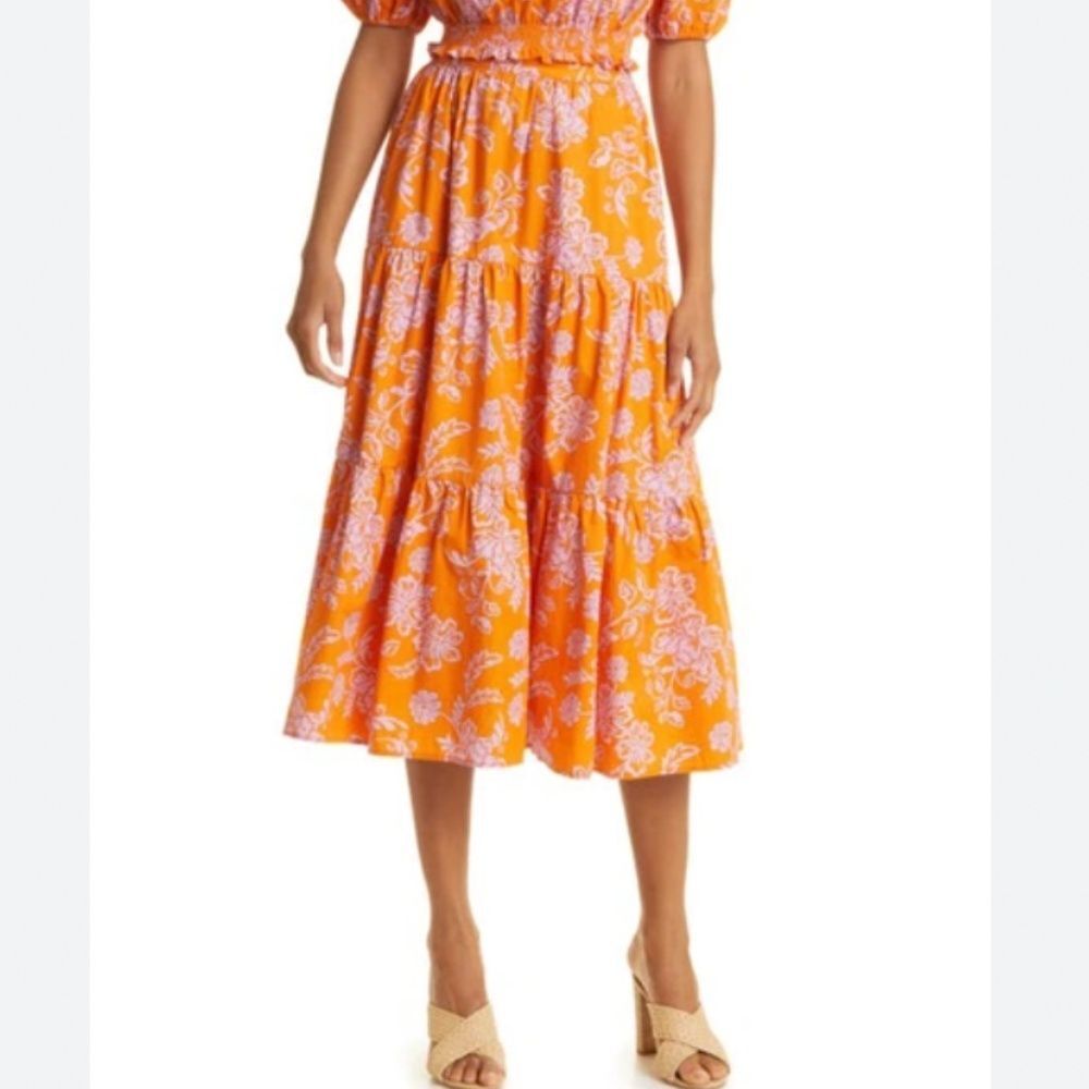 XiRENA -1918 Women's‎ Angeline Tiered Poplin Midi Skirt Orange NWOT Size Large